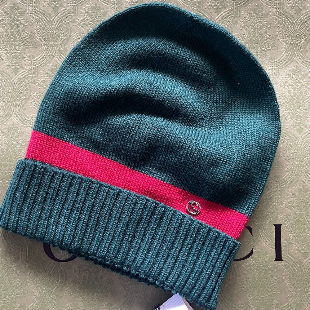 NWT GUCCI KNIT WOOL GREEN/RED BEANIE HAT MEDIUM (58 CM) - Picture 1 of 5